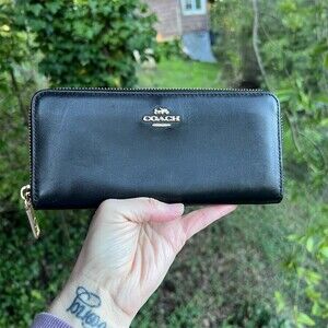 COACH Long Zip-Around Wallet Smooth Black Leather with Gold Hardware AUTHENTIC